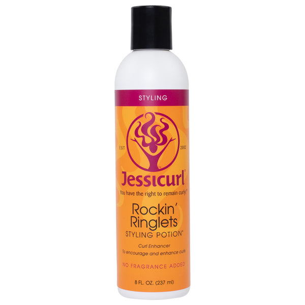 La lotion coiffante et hydratante Rockin Ringlets de Jessicurl. Une texture légère pour une application rapide et des boucles immédiatement définies et brillantes.