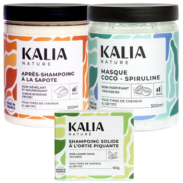 Réparez vos cheveux avec ce pack Kalia Nature. Idéal pour stimuler le cuir chevelu, il comprend le shampoing Solide Ortie Piquante, le masque et le conditioner.