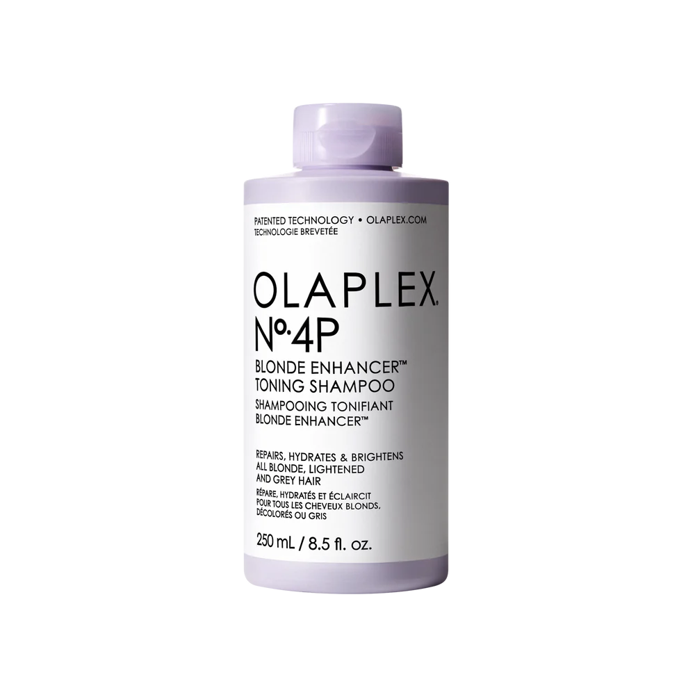 Olaplex nº4P Blonde Enhancer Toning Shampoo est un shampooing violet hautement concentré pour purifier, tonifier et réparer les cheveux blonds, décolorés / gris