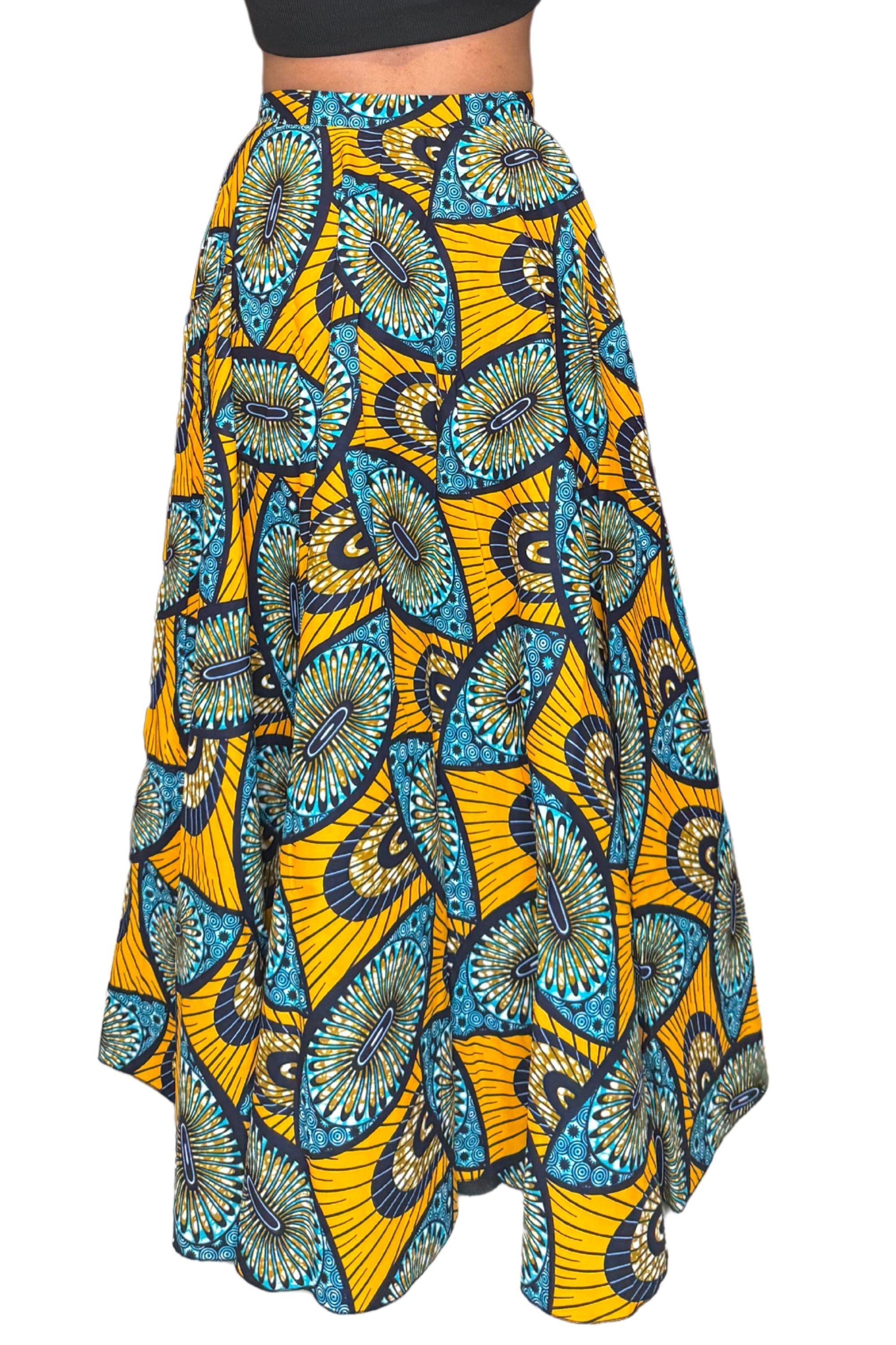 Falda larga de cera negra colorida - Rayas africanas