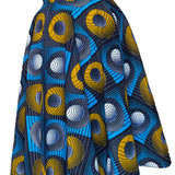 Jupe midi wax graphique bleu, jaune et bleu nuit. Taille haute, 100 % coton, coupe fluide et confection artisanale en France.
