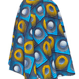 Jupe midi wax graphique bleu, jaune et bleu nuit. Taille haute, 100 % coton, coupe fluide et confection artisanale en France.