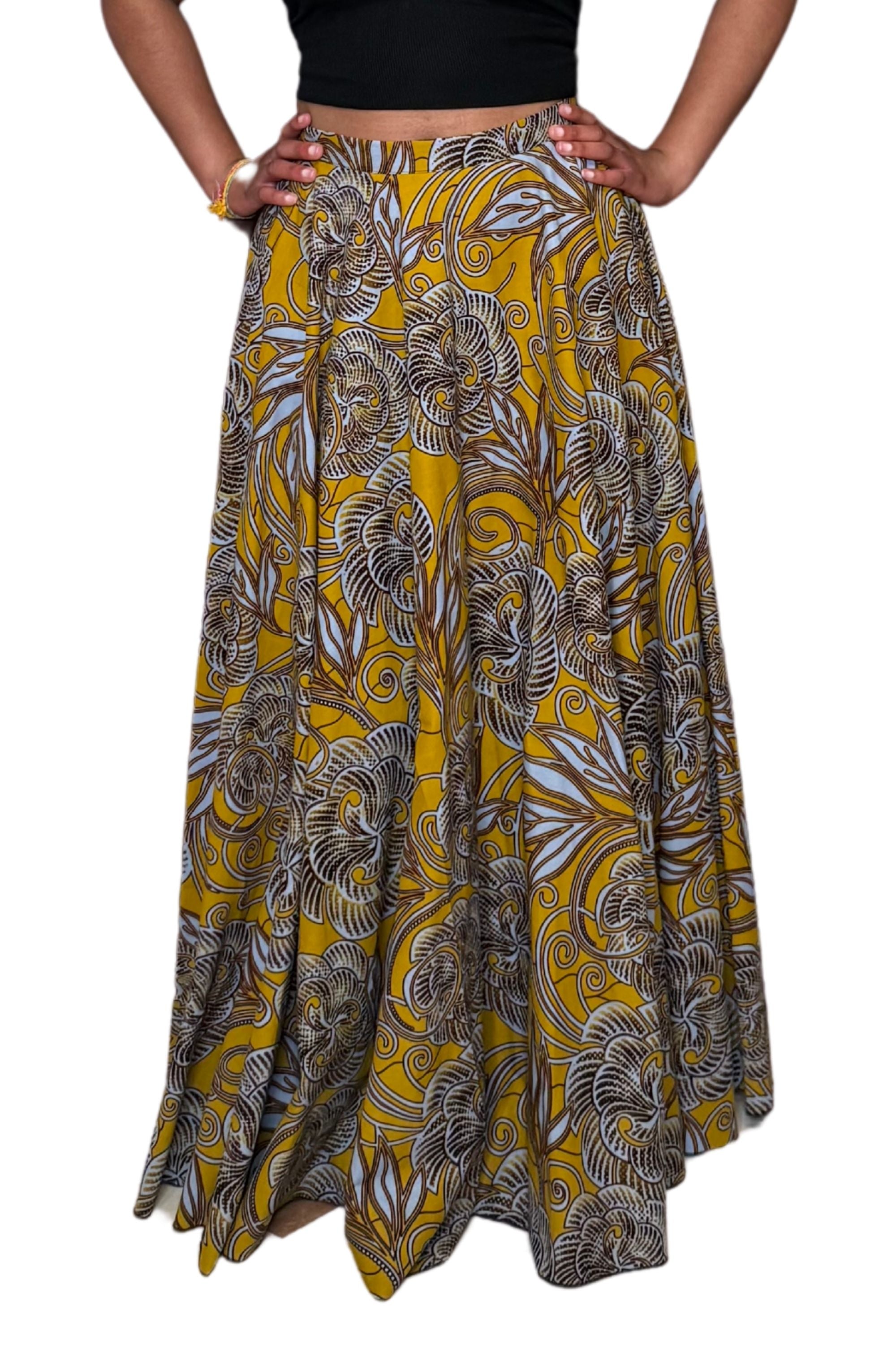 Falda larga de cera negra colorida - Safari dorado