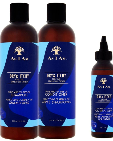 Un cuir chevelu irrité, sec, qui démange, avec des pellicules ? Découvrez la gamme Dry & Itchy de As I am. Ce pack comprend le shampoing, le conditioner et l'huile.