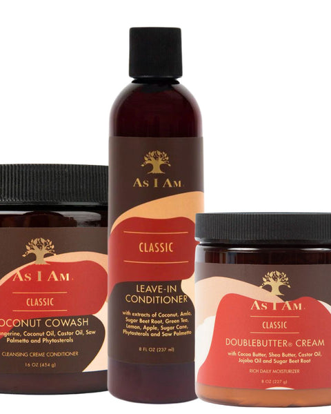 Vos cheveux sont en manque d'hydratation et de nutrition ? Optez pour le pack Hydrate & Nourih As I am : Coconut Cowash, Leave-In Conditioner et DoubleButter Cream.