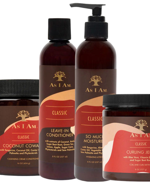 Hydratation et définition des boucles avec le pack Wash & Go Curly de la marque As I Am : Coconut Cowash, Leave-In Conditioner, Curling Jelly et So Much Moisture.