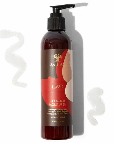 Avec de l’aloe vera hydratante et de la gelée royale régénératrice, la lotion As I am So Much Moisture est un concentré de bienfaits naturels pour les cheveux secs.