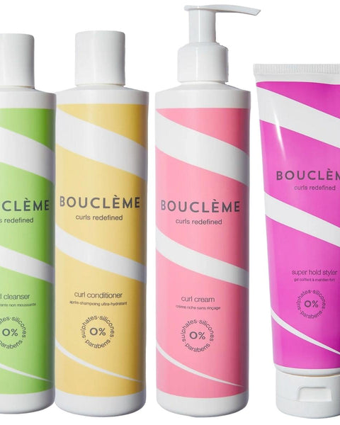 La routine Bouclème idéale pour les cheveux plutôt épais. C'est une base de 4 produits : Curl Cleanser, Curl Conditioner, Curl Cream et Super Hold Styler.
