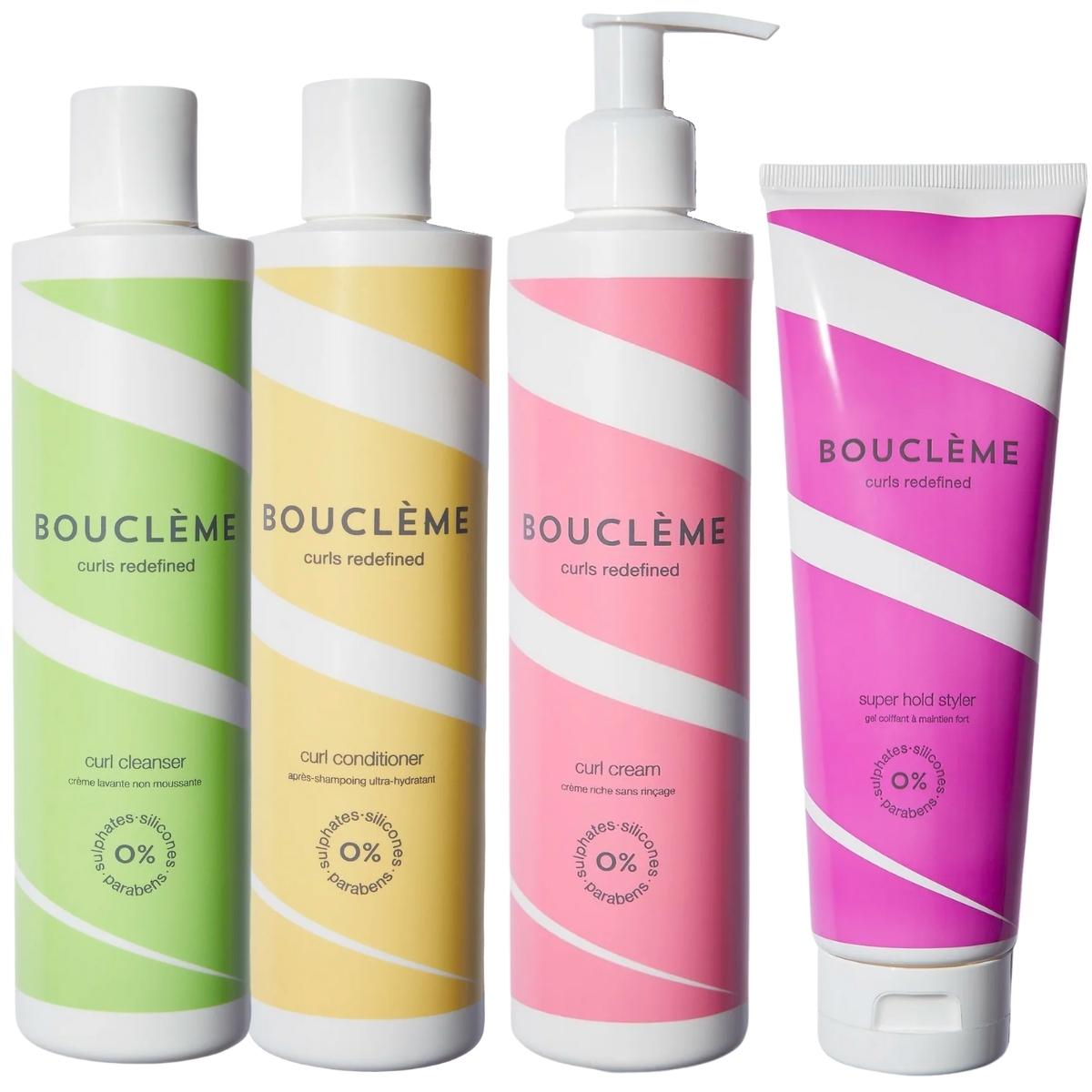 La routine Bouclème idéale pour les cheveux plutôt épais. C'est une base de 4 produits : Curl Cleanser, Curl Conditioner, Curl Cream et Super Hold Styler.