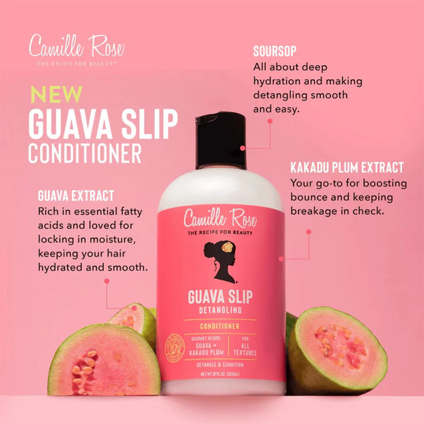 Guava Slip Conditioner de Camille Rose est un après-shampoing démêlant et fortifiant. Il offre une texture riche et à une glisse exceptionnelle.