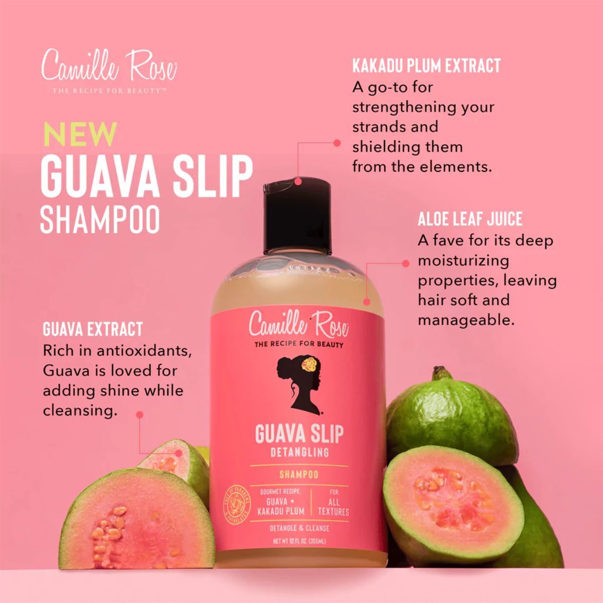 Guava Slip Shampoo de Camille Rose est un shampoing hydratant et démêlant, formulé pour nettoyer en douceur les cheveux texturés tout en facilitant le démêlage.