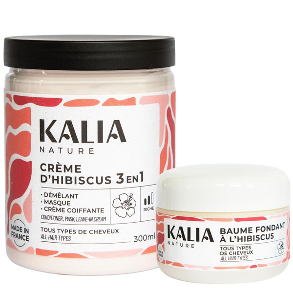Ce pack Kalia Nature comprend l'incontournable crème multi-usage à l'Hibiscus et le Baume fondant pour nourrir et procurer de la brillance aux cheveux bouclés/afros.