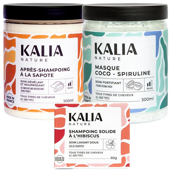 Pack Kalia Nature comprenant le shampoing solide à l'Hibiscus, masque protéiné et après-shampoing. Vos cheveux sont réparés / fortifiés et retrouvent leur douceur.