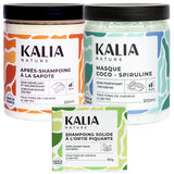 Réparez vos cheveux avec ce pack Kalia Nature. Idéal pour stimuler le cuir chevelu, il comprend le shampoing Solide Ortie Piquante, le masque et le conditioner.