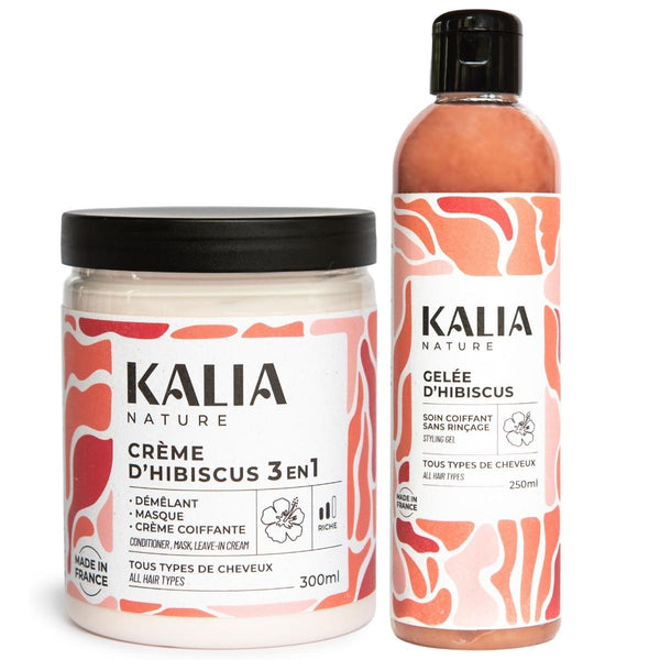 Parfaite association de produits pour booster vos boucles et les hydrater. Le pack Wash & Go de Kalia Nature comprend la Gelée Coiffante et la Crème 3-en-1 Hibiscus.