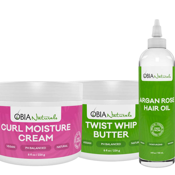Réaliser des vanilles douces et qui tiennent et brillent. Ce pack Obia comprend Curl Moisture Cream, Twist Whip Butter et Argan Rose Hair Oil, en huile de finition.