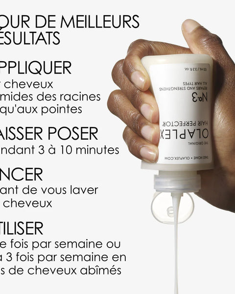 Ce soin intensif agit en profondeur pour restaurer et renforcer la fibre capillaire. Utilisable seul ou combiné à Olaplex n°0 pour des résultats professionnels.