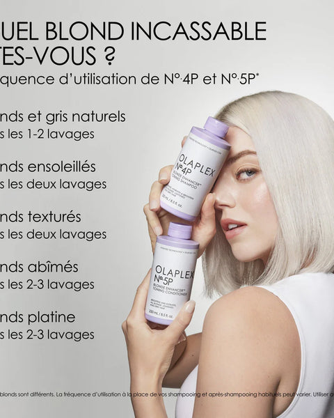Spécialement conçu pour les cheveux blonds, gris ou méchés, le nº5P Blonde Enhancer Conditioner est enrichi de la technologie brevetée Olaplex Bond Building.