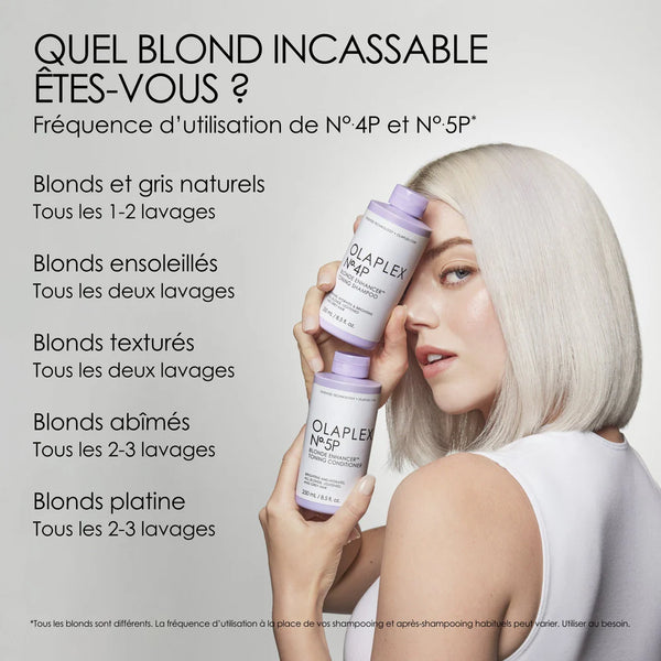 Spécialement conçu pour les cheveux blonds, gris ou méchés, le nº5P Blonde Enhancer Conditioner est enrichi de la technologie brevetée Olaplex Bond Building.