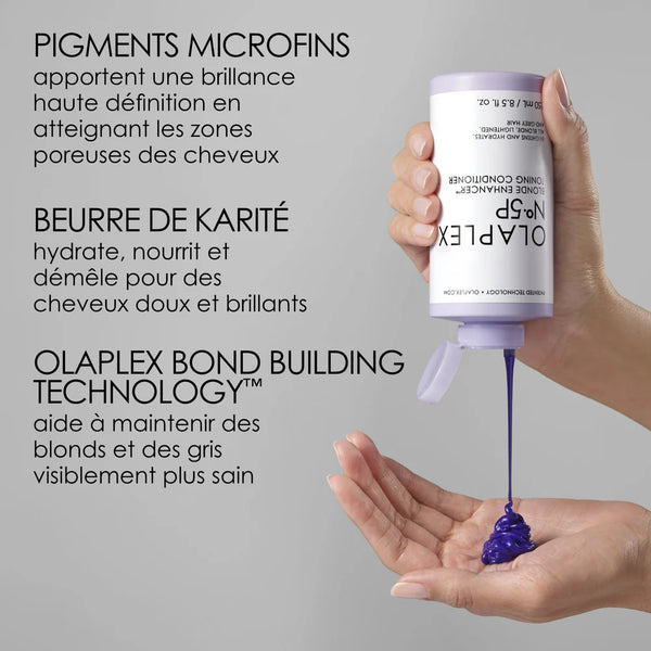 Spécialement conçu pour les cheveux blonds, gris ou méchés, le nº5P Blonde Enhancer Conditioner est enrichi de la technologie brevetée Olaplex Bond Building.
