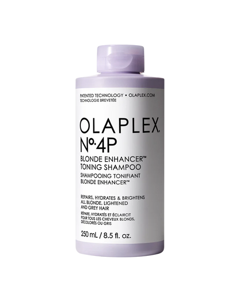 Olaplex nº4P Blonde Enhancer Toning Shampoo est un shampooing violet hautement concentré pour purifier, tonifier et réparer les cheveux blonds, décolorés / gris
