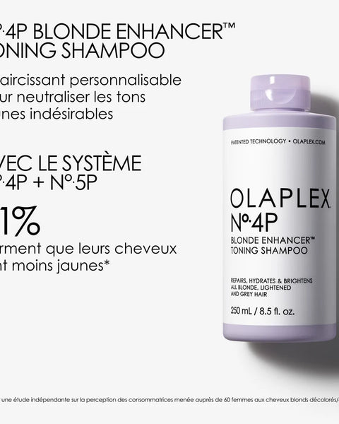 Olaplex nº4P Blonde Enhancer Toning Shampoo est un shampooing violet hautement concentré pour purifier, tonifier et réparer les cheveux blonds, décolorés / gris