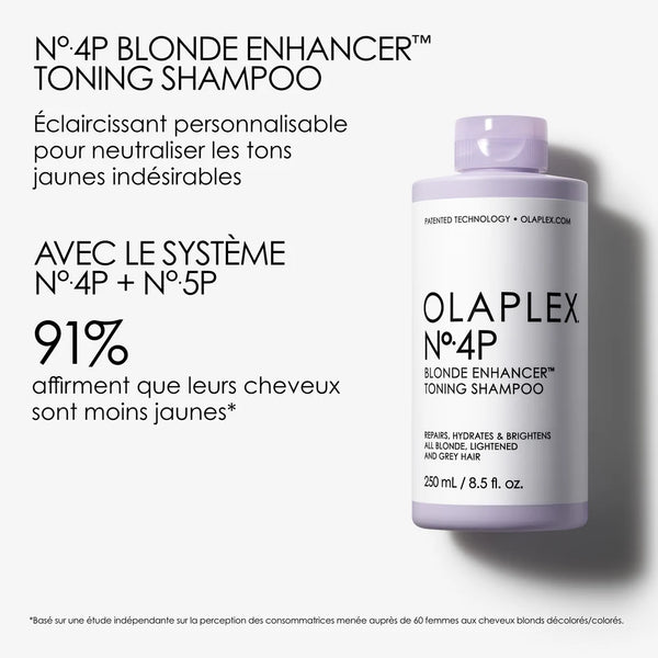 Olaplex nº4P Blonde Enhancer Toning Shampoo est un shampooing violet hautement concentré pour purifier, tonifier et réparer les cheveux blonds, décolorés / gris