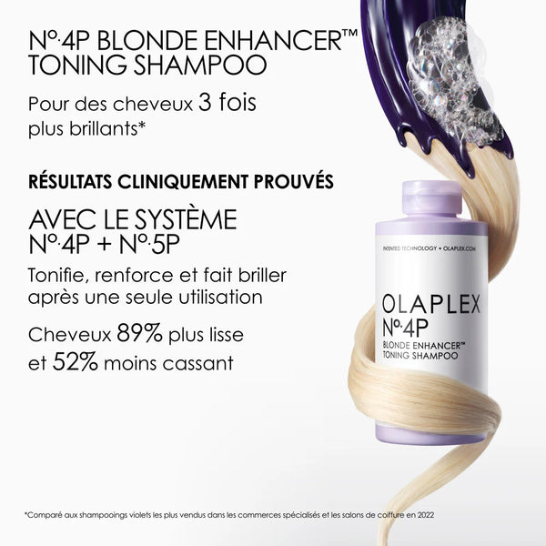 Olaplex nº4P Blonde Enhancer Toning Shampoo est un shampooing violet hautement concentré pour purifier, tonifier et réparer les cheveux blonds, décolorés / gris