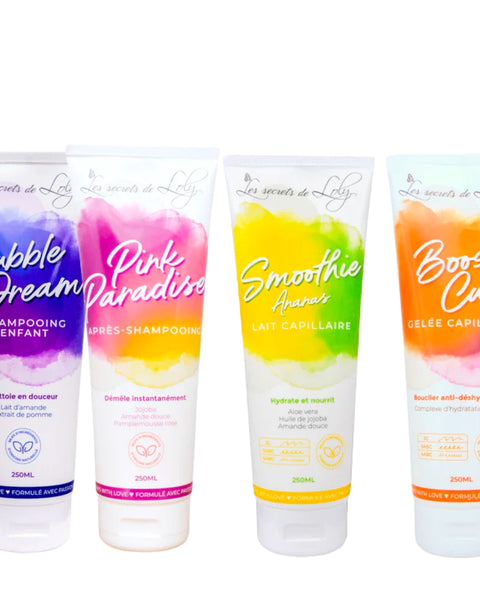 Le pack Secrets de Loly "Routine Enfant Cheveux Épais", vous offre les 4 produits les plus adaptés. Shampoing, Conditioner, Lait hydratant et Gelée coiffante.