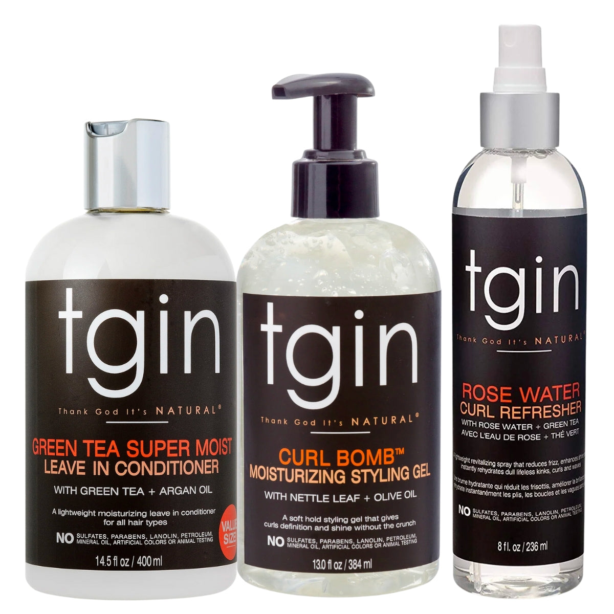 Ce pack TGIN comprend le Leave-in Green Tea (la base hydratante), la gelée Curl Bomb pour booster vos boucles et le spray hydratant Rose Water Curl Refresher.