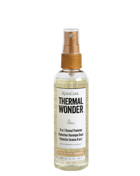 Le 6 in 1 Thermal Protector de Keracare Thermal Wonder apporte de l'hydratation et de la brillance à vos cheveux et les protège des dommages dû à la chaleur.