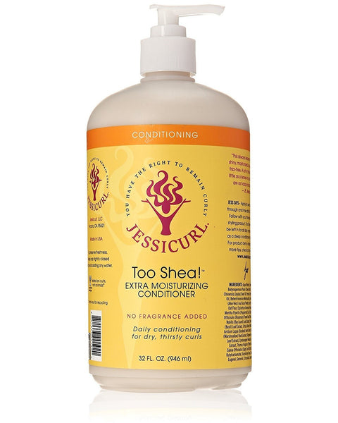 Le Too Shea Extra Moisture Conditioner de Jessicurl dans son généreux format  de 946ml, avec pompe. À la fois un après-shampoing et un excellent hydratant quotidien.