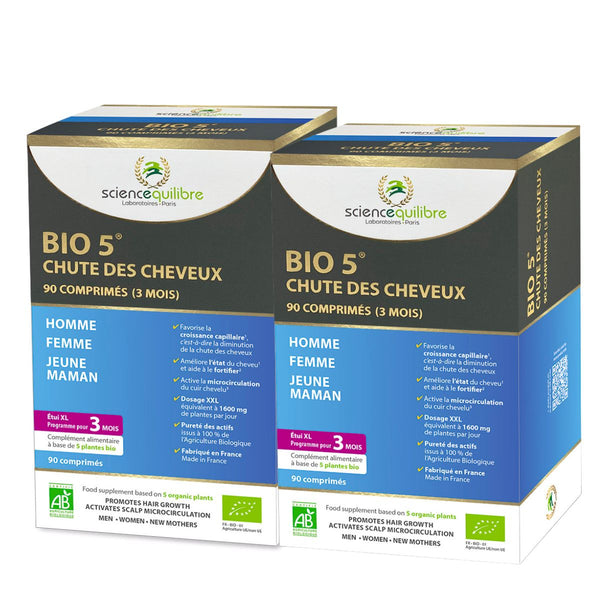 Le célèbre complément alimentaire Bio 5 dans un pack offrant 6 mois de cure. Durée idéale pour lutter contre la chute des cheveux, fortifier et booster la pousse.
