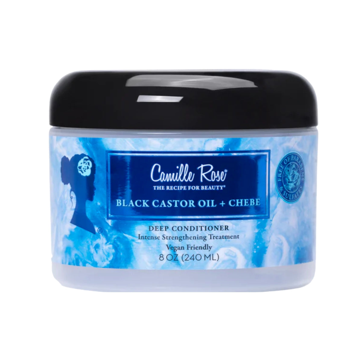 Le masque réparateur par Camille Rose Naturals. Formulé notamment avec de l'huile de ricin noire (JBCO), de la poudre de Chebe et des protéines de blé.