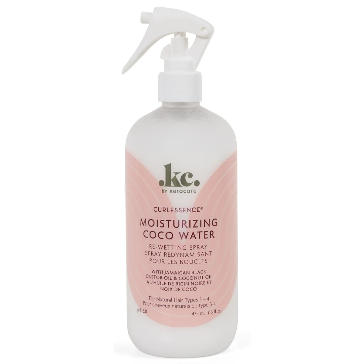 Spray hydratant Curlessence pour cheveux bouclés. Enrichi en eau de coco, jojoba, argan, ricin et huiles essentielles. Réhydrate, nourrit et protège les cheveux.