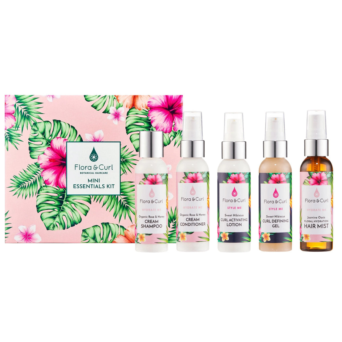 Le nouveau kit de voyage Flora & Curl comprend cinq produits indispensable en format de 75ml pour chaque flacon : shampoing, conditioner, lotion, gel et spray.
