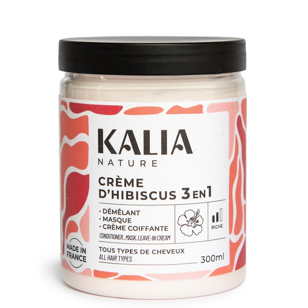 La Crème d'Hibiscus de Kalia Nature a été conçue pour tous types de cheveux. Ce soin 3-en-1 peut s'utiliser en démêlant, en masque ou en soin sans rinçage.