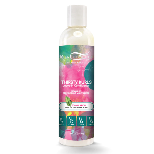 Le Thirsty Kurls Leave-in Conditioner de Kurlee Belle procure une bonne hydratation et permet au peigne ou à la brosse de glisser littéralement dans vos cheveux. Avec cet après-shampoing sans rinçage le démêlage devient facile !