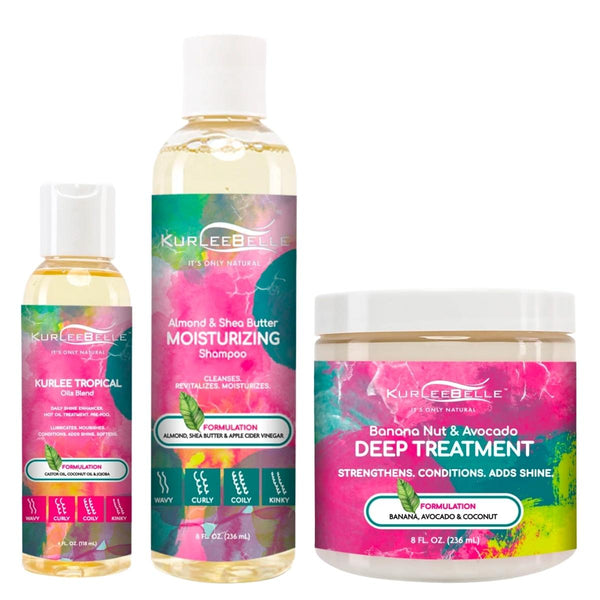 L'essentiel de Kurlee Belle pour retrouver un cuir chevelu propre et des cheveux doux. Synergie d'huiles, shampoing et masque nourrissant à la banane.