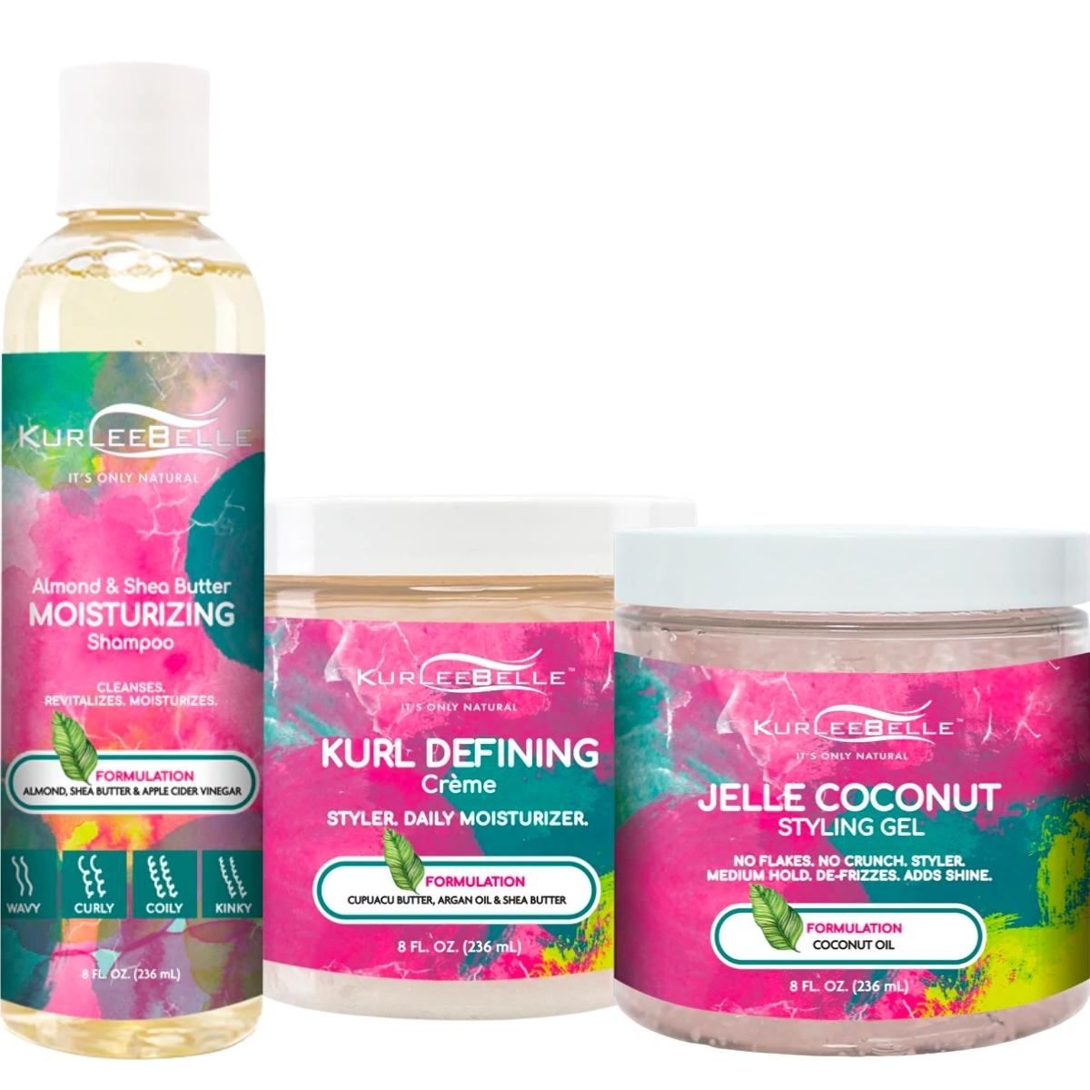 Idéale pour cheveux bouclés à densité forte et crépus, cette sélection de produits Kurlee Belle vous permettra d'obtenir une superbe définition de boucles.
