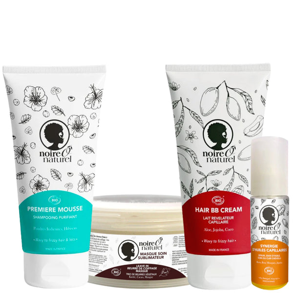 Pack Noire Ô Naturel comprenant le shampoing clarifiant Première Mousse, le Masque Soin Sublimateur, le lait capillaire Hair BB Cream & Synergie d'Huiles Capillaires