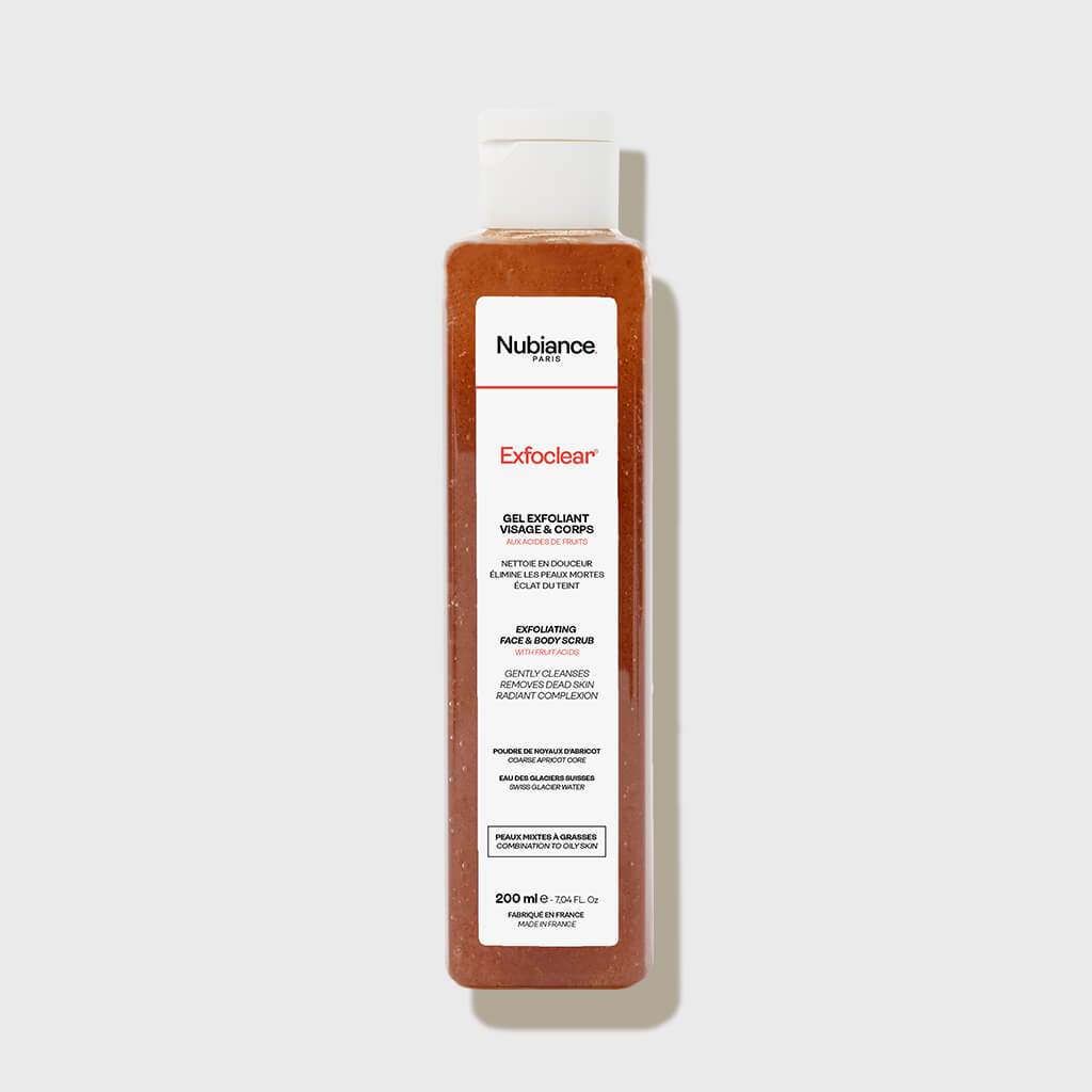 Nubiance Exfoclear est un gel exfoliant sans savon aux noyaux d’abricots et acides de fruits. Il élimine les cellules mortes et stimule le renouvellement cellulaire.