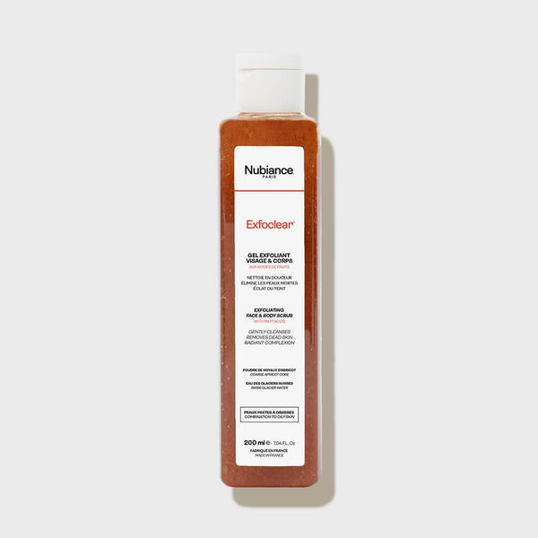 Nubiance Exfoclear est un gel exfoliant sans savon aux noyaux d’abricots et acides de fruits. Il élimine les cellules mortes et stimule le renouvellement cellulaire.