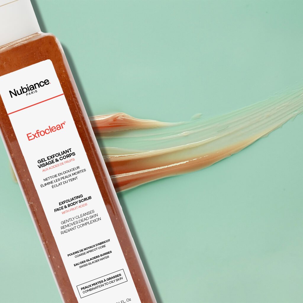 Nubiance Exfoclear est un gel exfoliant sans savon aux noyaux d’abricots et acides de fruits. Il élimine les cellules mortes et stimule le renouvellement cellulaire.