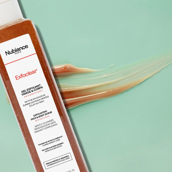 Nubiance Exfoclear est un gel exfoliant sans savon aux noyaux d’abricots et acides de fruits. Il élimine les cellules mortes et stimule le renouvellement cellulaire.