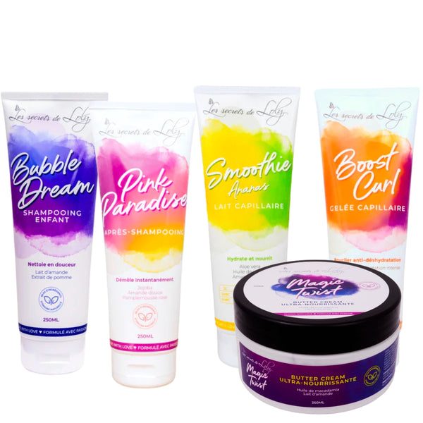 Le pack Secrets de Loly "Routine Enfant Cheveux Épais", vous offre les 4 produits les plus adaptés ainsi que la Magic Twist, idéale pour les coiffures protectrices.