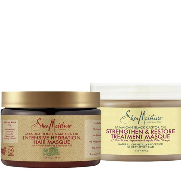 Pack Shea Moisture comprenant le masque Intensive Hydration Mask de la gamme Manuka Honey Mafura et le masque protéiné Stenghten Grow & Restore Treatment Mask.