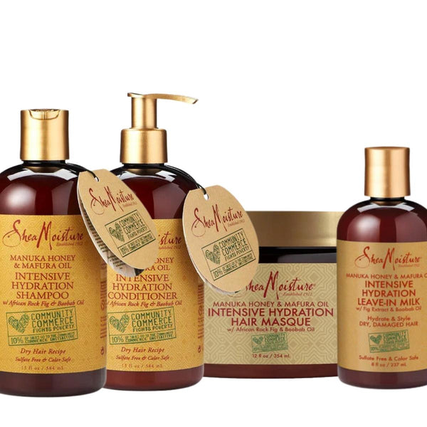 Pack comprenant shampoing, conditioner, masque et lait hydratant de la gamme Manuka Honey & Mafura Oil de Shea Moisture. Idéal pour laver et hydrater parfaitement.