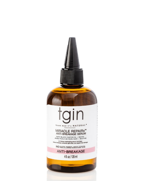 Cassants, rêches, ternes ? Vos cheveux ont besoin d’aide ! Le TGIN Miracle RepaiRx Anti-Breakage Serum est un soin formulé pour les cheveux fragilisés et abîmés.