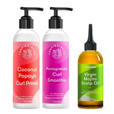 Hydratez vos cheveux bouclés et nourrissez votre cuir chevelu avec ce trio de produits Tropikal Bliss : Coconut, Pomegranate Curl Smoothie & Virjin Mojito Scalp Oil.